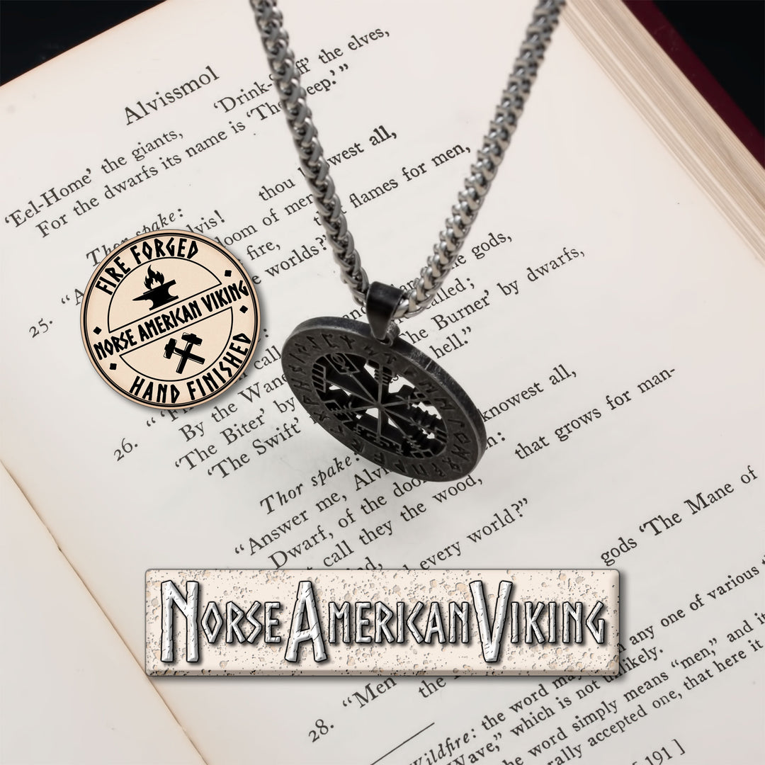 Viking Vegvisir Elder Futhark Rune Compass Stainless Steel Pendant Necklace