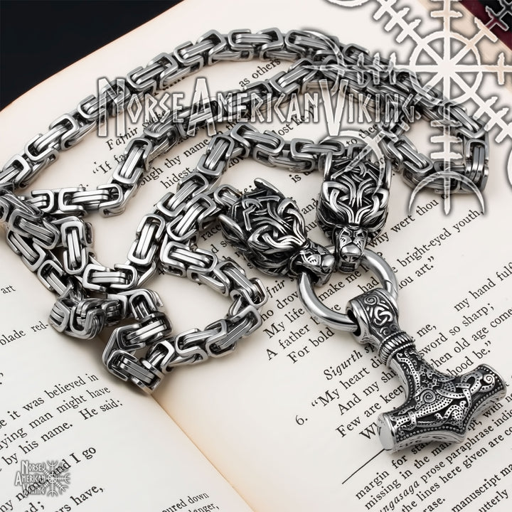 Viking Mjolnir Thor's Hammer King Wolf Byzantine Necklace 316L Stainless Steel