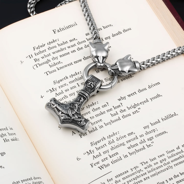 Mjolnir Thor's Hammer King Wolf Foxtail Necklace 316L Stainless Steel Viking