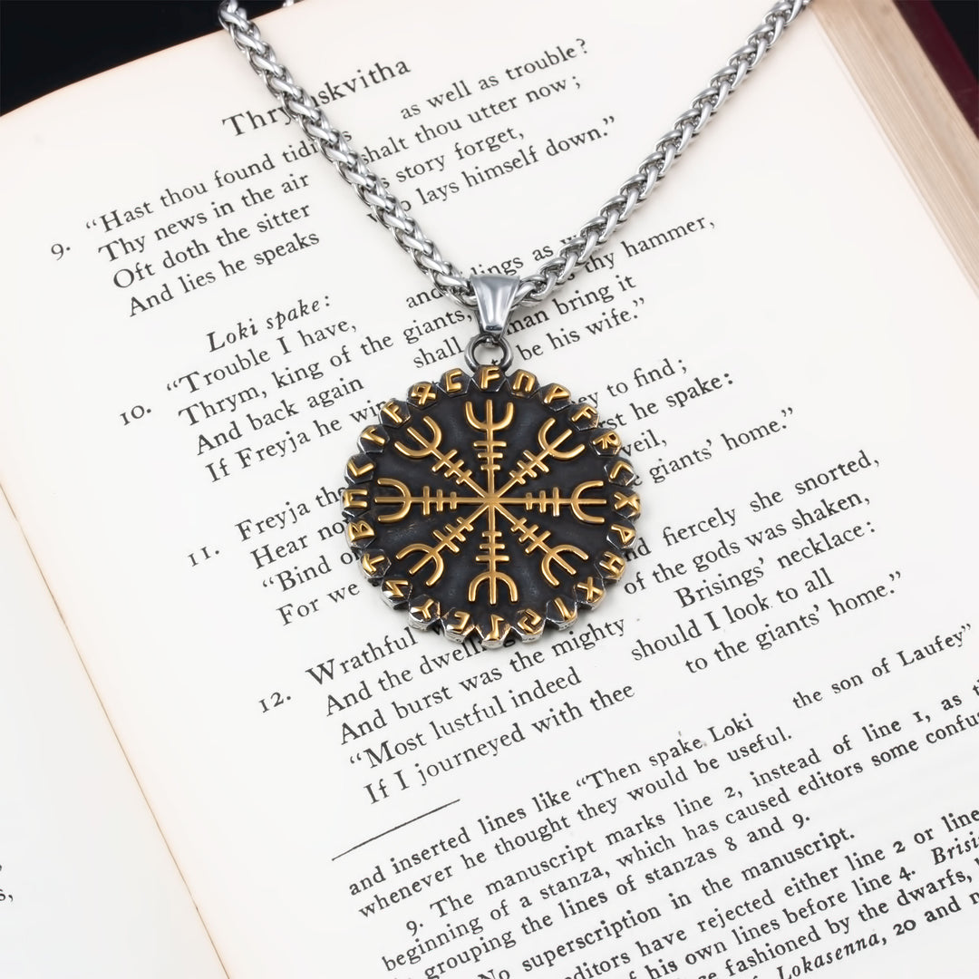 Helm of Awe Vegvisir Rune Pendant Necklace Stainless Steel Viking
