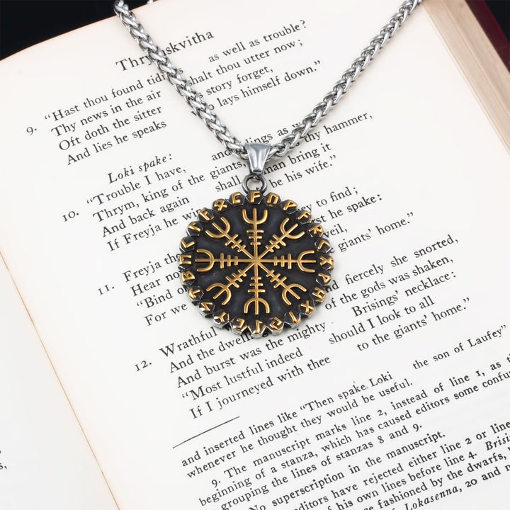 Helm of Awe Vegvisir Rune Pendant Necklace Stainless Steel Viking