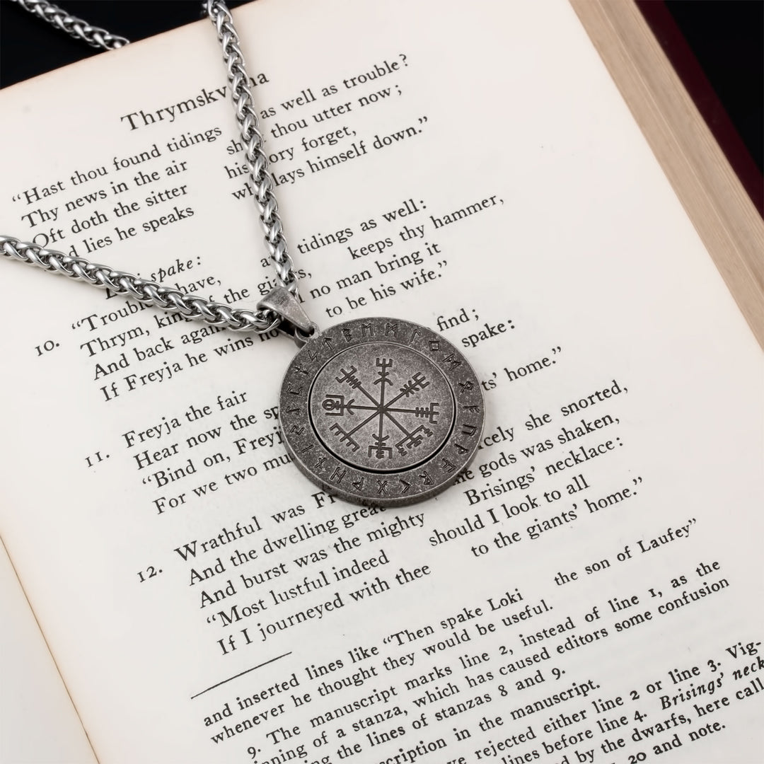 Vegvisir Elder Futhark Rune Spinner Pendant Necklace Stainless Steel Viking