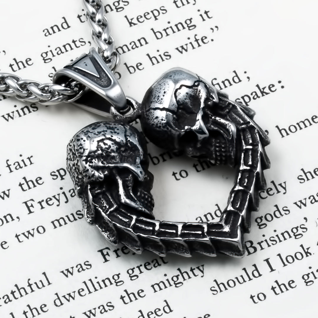 Skulls Heart Pendant Necklace Stainless Steel Viking