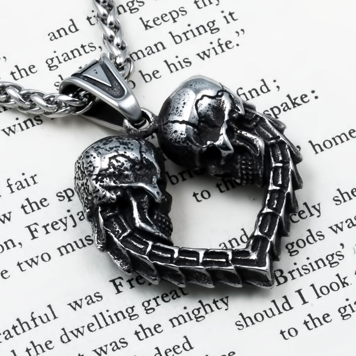 Skulls Heart Pendant Necklace Stainless Steel Viking