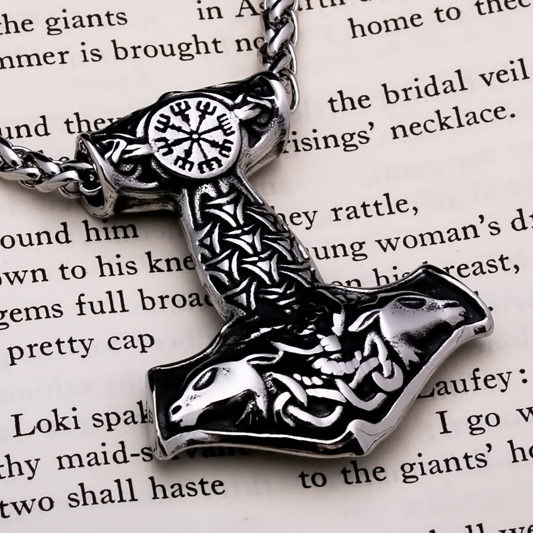 Mjolnir Vegvisir Goat Head Viking Pendant Necklace 316L Stainless Steel