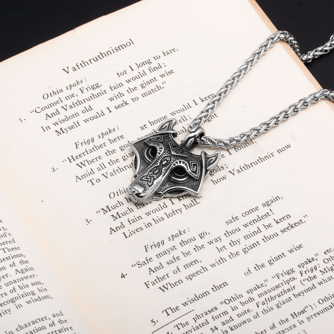 Fenrir Wolf Head Pendant Necklace Stainless Steel Viking