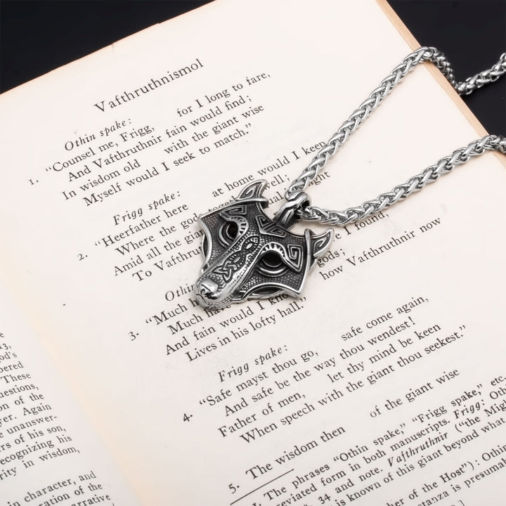 Fenrir Wolf Head Pendant Necklace Stainless Steel Viking