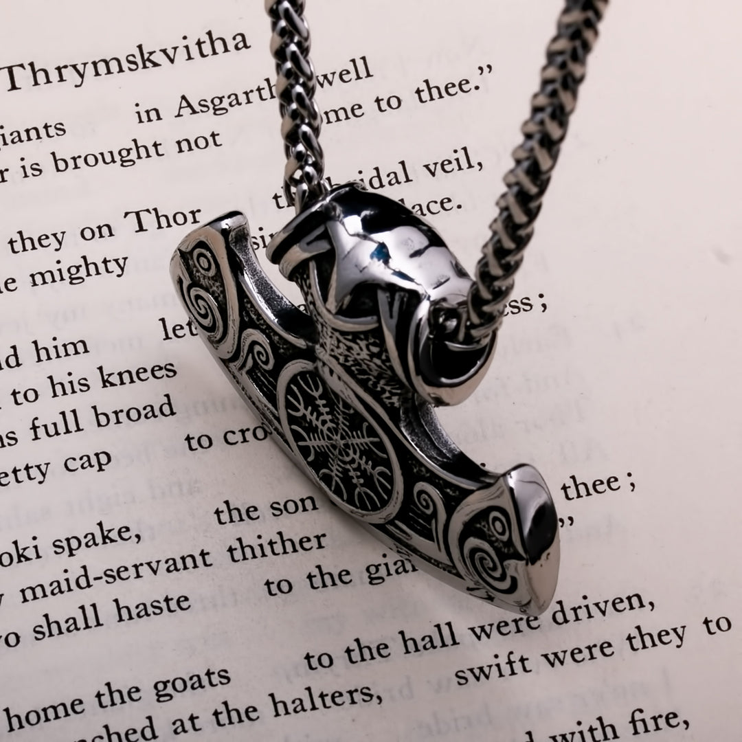 Helm of Awe Axe Pendant Necklace 316L Stainless Steel Norse Viking
