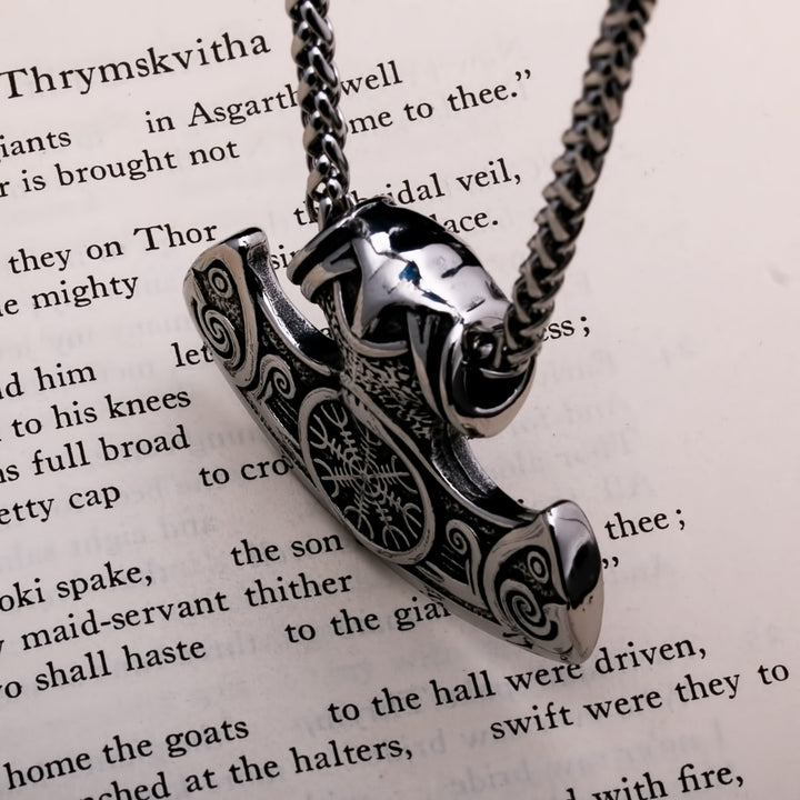 Helm of Awe Axe Pendant Necklace 316L Stainless Steel Norse Viking