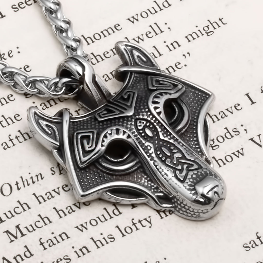 Fenrir Wolf Head Pendant Necklace Stainless Steel Viking