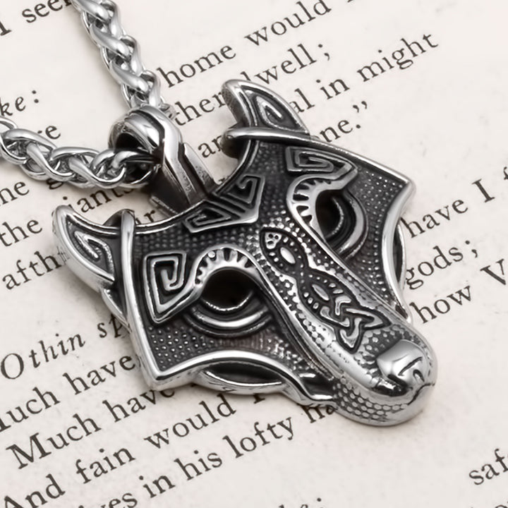 Fenrir Wolf Head Pendant Necklace Stainless Steel Viking