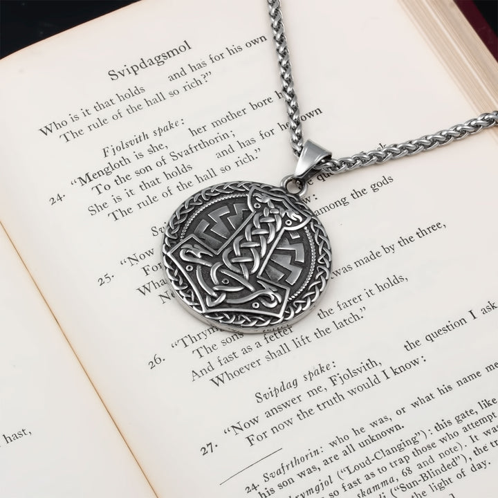 Mjolnir Sowilo Rune Medallion Pendant Necklace Stainless Steel Viking
