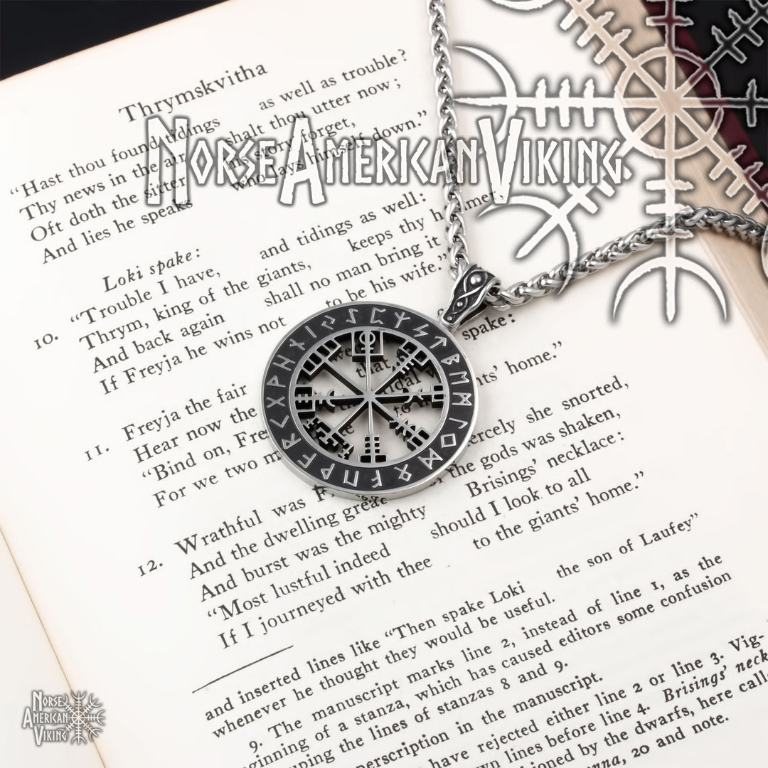 Viking Vegvisir Elder Futhark Rune Compass Stainless Steel Pendant Necklace