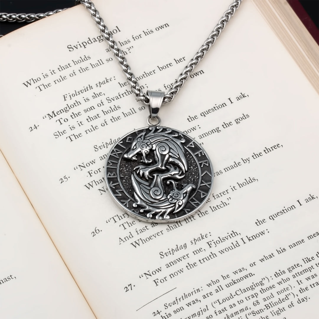 Wolf Rune Pendant Necklace Stainless Steel Viking