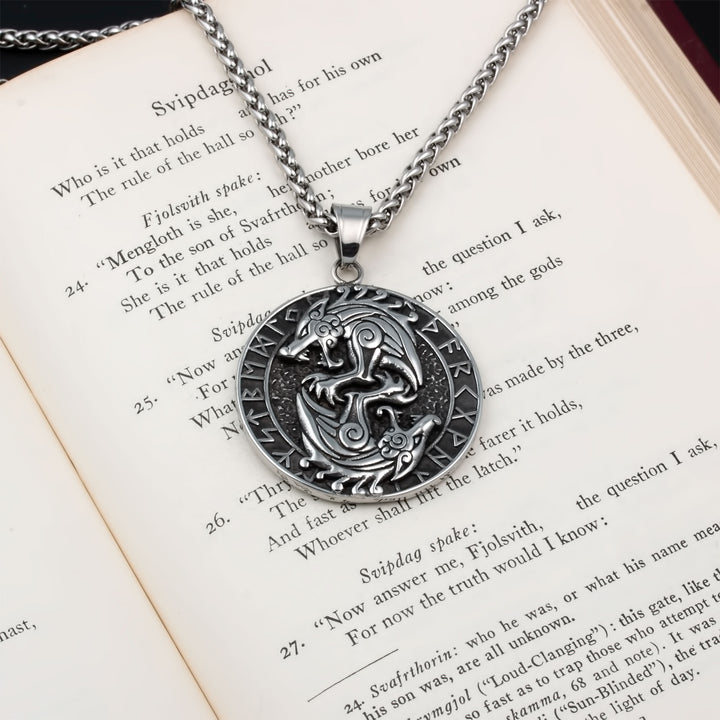 Wolf Rune Pendant Necklace Stainless Steel Viking
