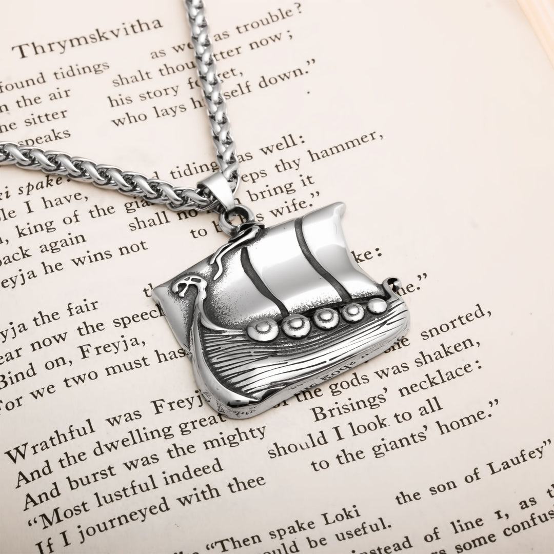 Longship Viking Pendant Necklace 316L Stainless Steel