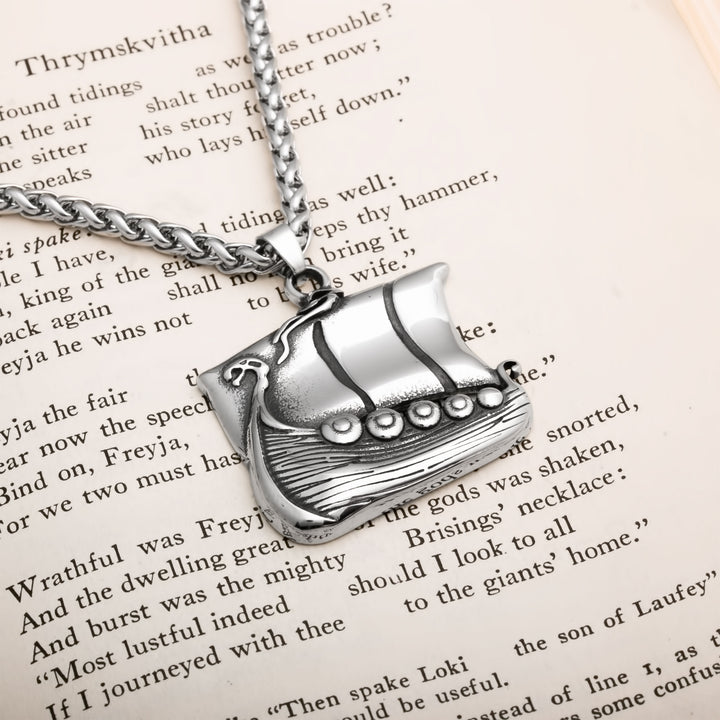 Longship Viking Pendant Necklace 316L Stainless Steel