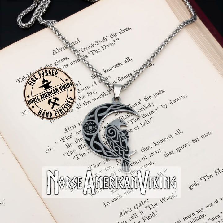 Viking Raven Crescent Moon Stainless Steel Pendant Necklace