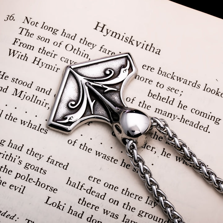 Viking Mjolnir Thor's Hammer Raven Skull Stainless Steel Pendant Necklace