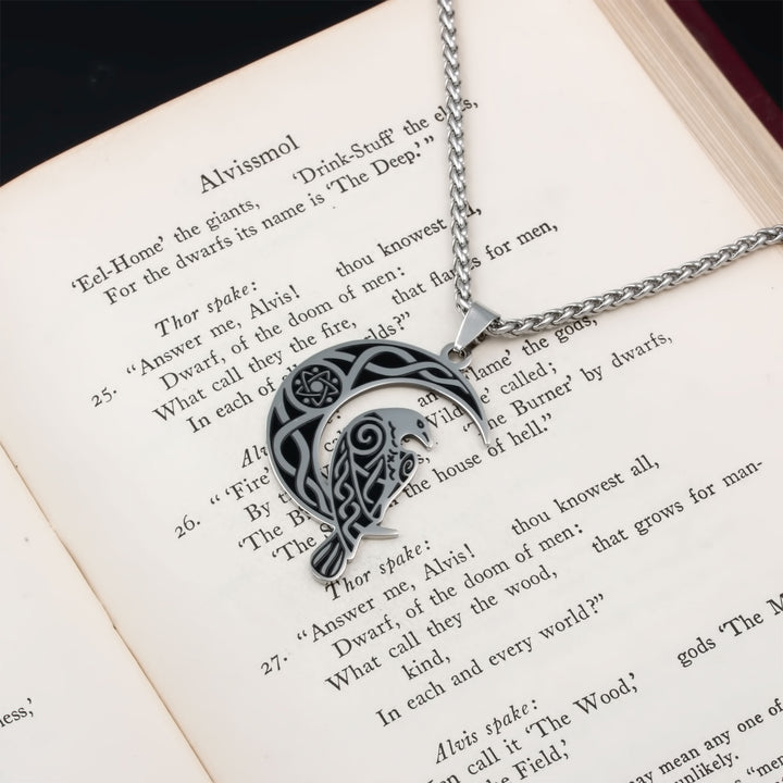 Raven Crescent Moon Pendant Necklace Stainless Steel Viking