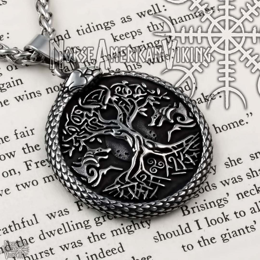 Viking Yggdrasil World Ash Tree Wolf Pentagram Stainless Steel Pendant Necklace