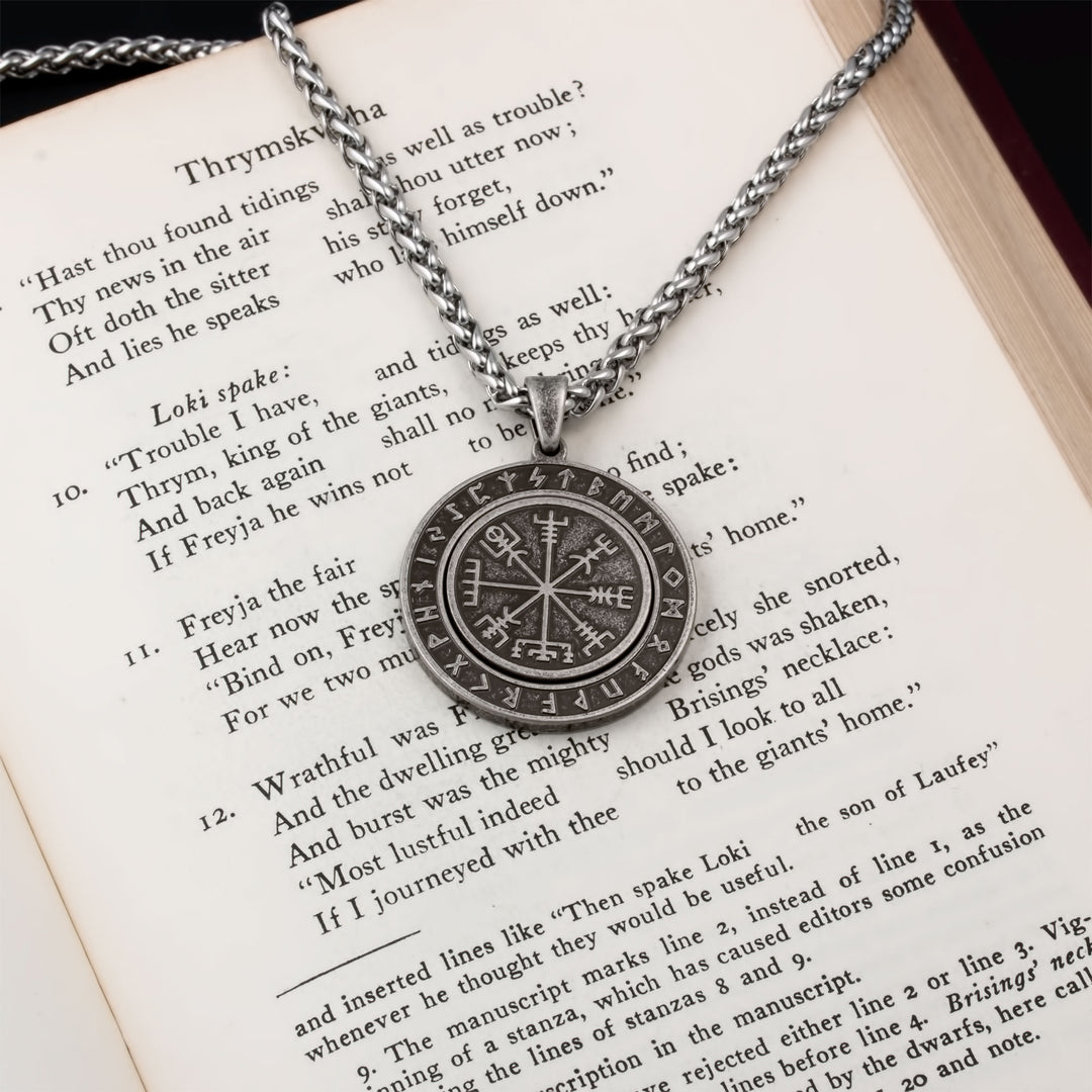 Vegvisir Elder Futhark Rune Spinner Pendant Necklace Stainless Steel Viking