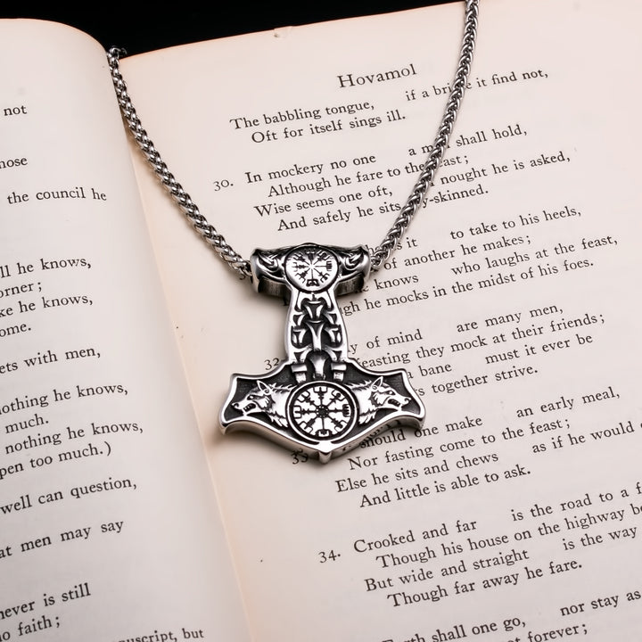 Viking Mjolnir Thor's Hammer Vegvisir Wolf Stainless Steel Pendant Necklace