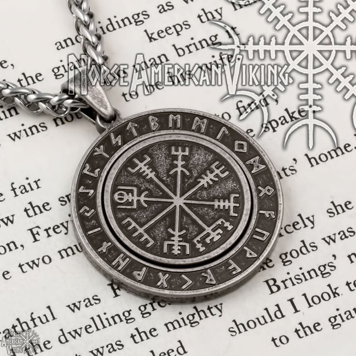 Viking Vegvisir Elder Futhark Rune Spinner Stainless Steel Pendant Necklace