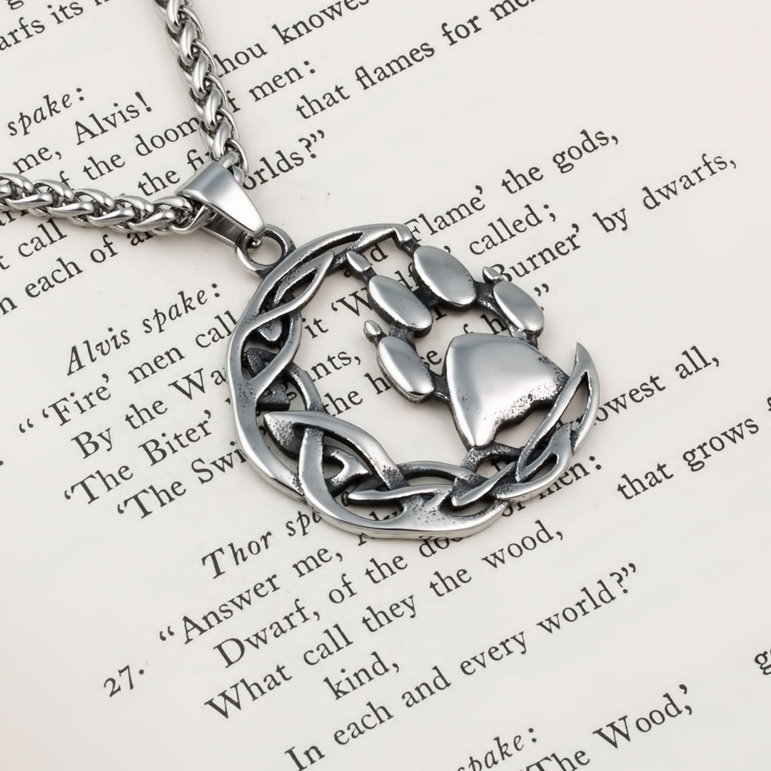 Crescent Moon Wolf Paw Print Pendant Necklace Stainless Steel Viking