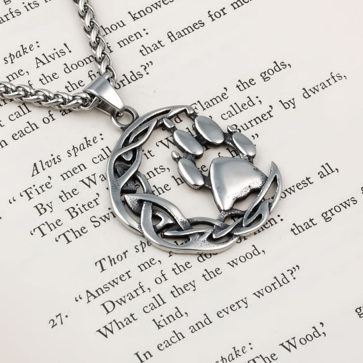 Crescent Moon Wolf Paw Print Pendant Necklace Stainless Steel Viking