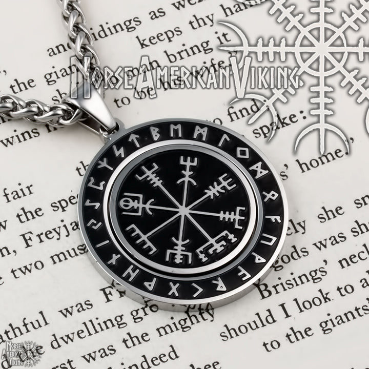 Viking Vegvisir Elder Futhark Rune Spinner Stainless Steel Pendant Necklace