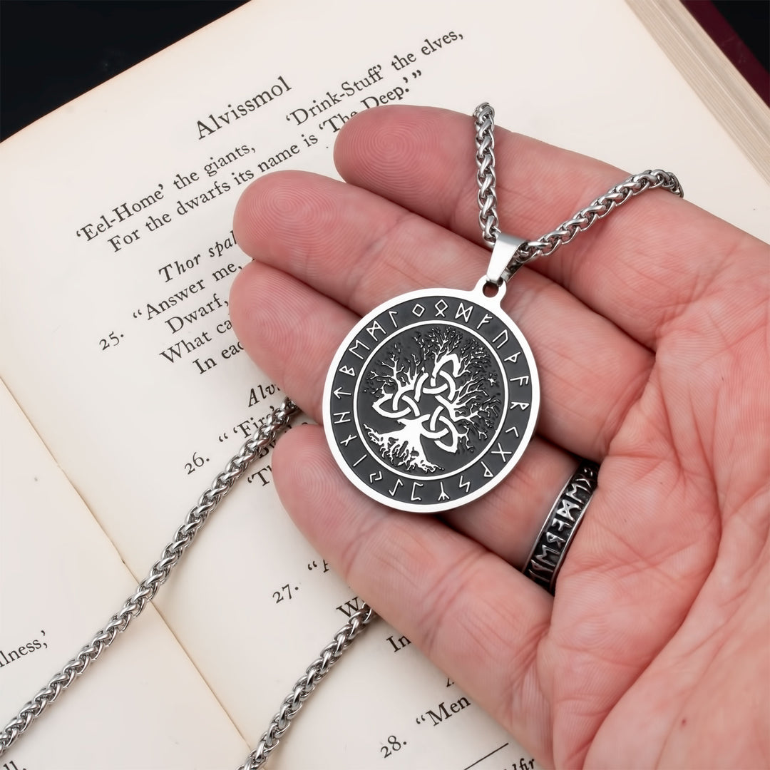 Yggdrasil World Tree Trinity Knot Rune Pendant Necklace Stainless Steel Viking