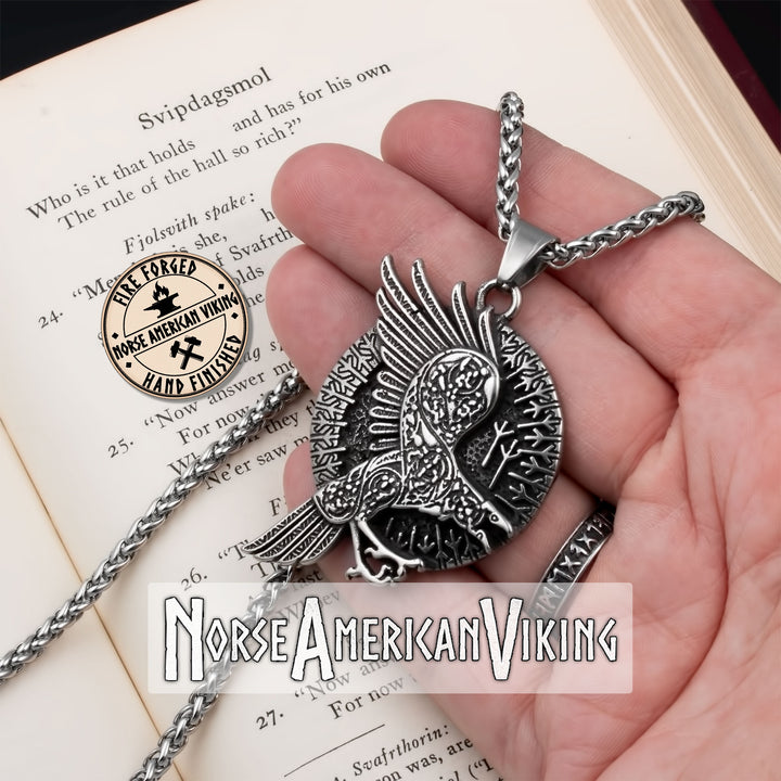 Viking Ravens Algiz Rune Stainless Steel Pendant Necklace