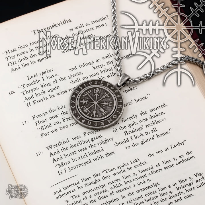 Viking Vegvisir Elder Futhark Rune Spinner Stainless Steel Pendant Necklace