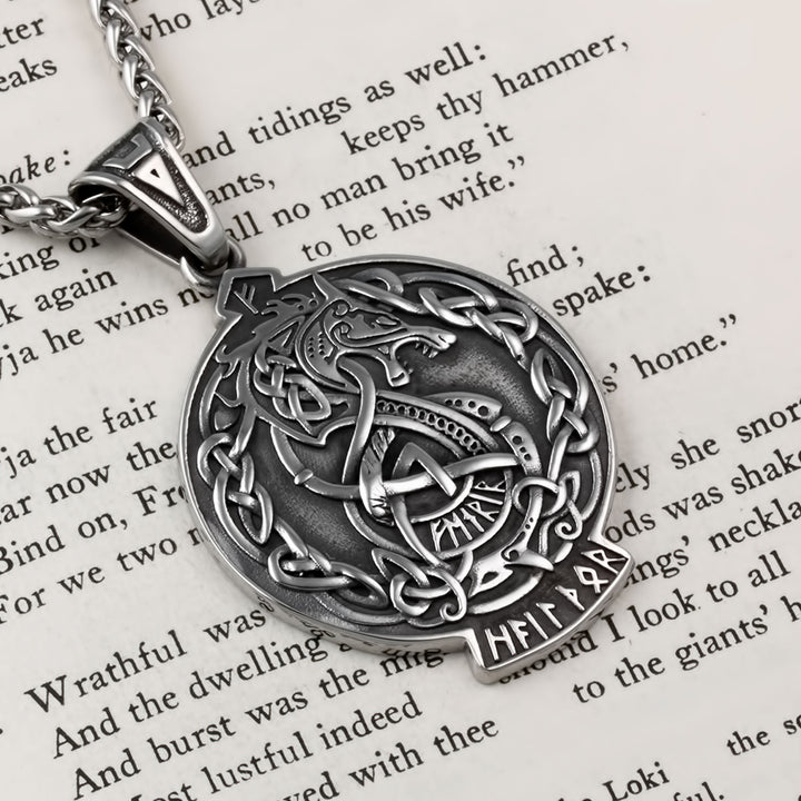 Norse Dragon Fafnir Valknut Rune Pendant Necklace Stainless Steel Viking