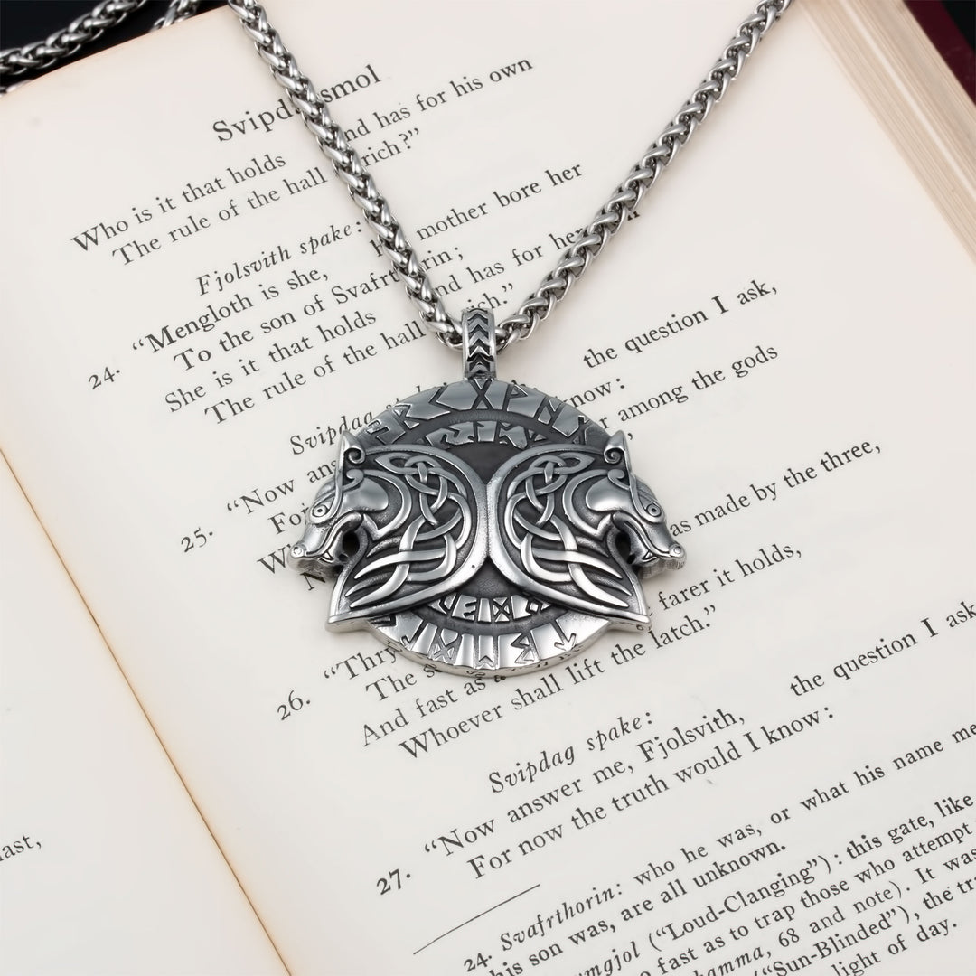 Geri and Freki Wolf Rune Pendant Necklace Stainless Steel Viking