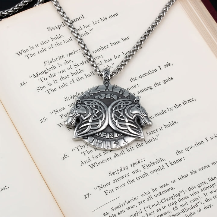 Geri and Freki Wolf Rune Pendant Necklace Stainless Steel Viking