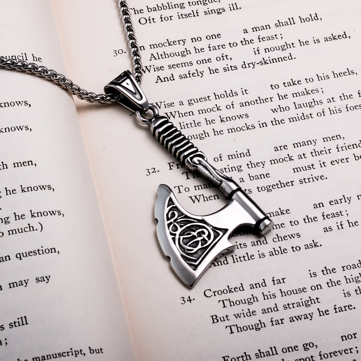 Axe Knurled Handle Pendant Necklace Stainless Steel Viking