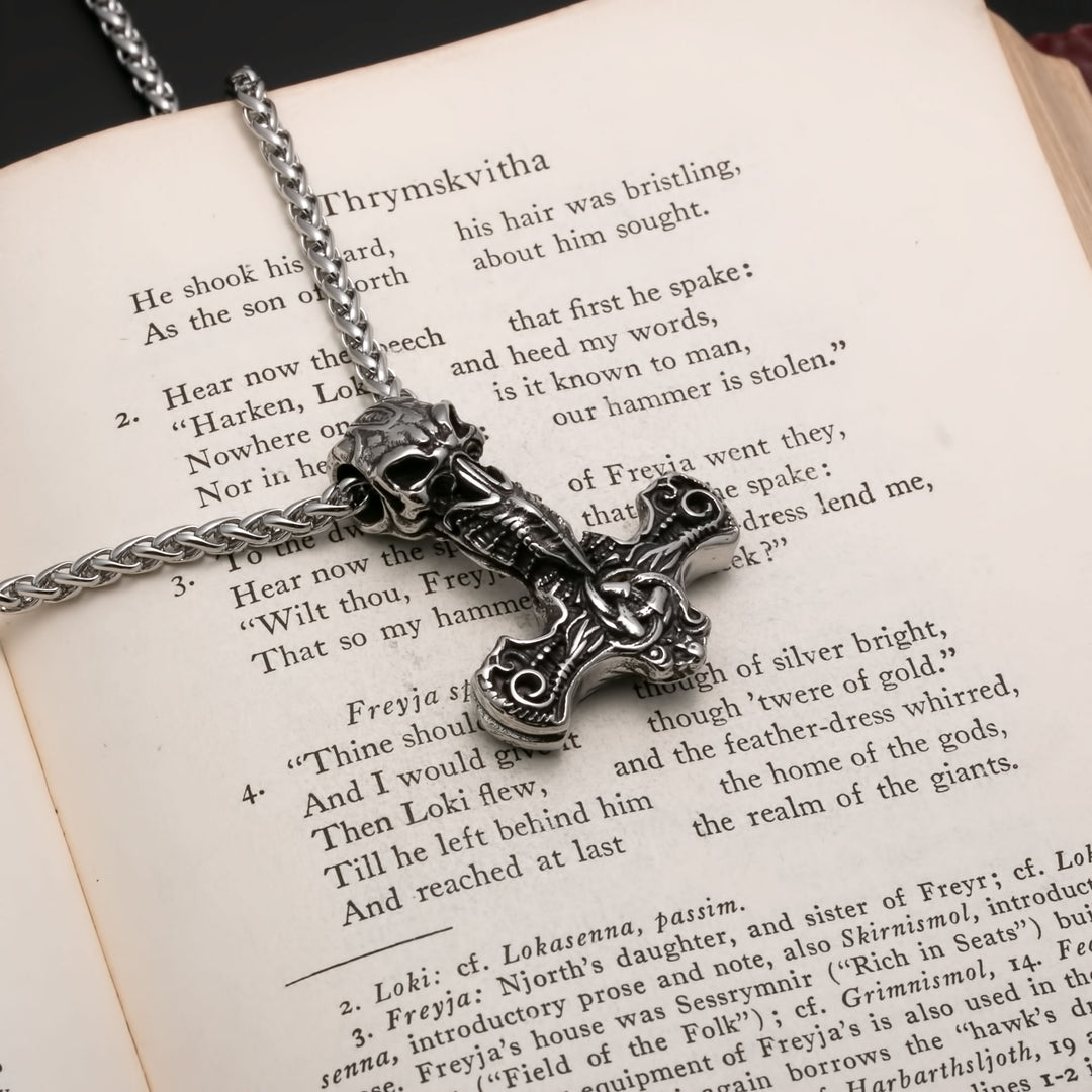 Viking Mjolnir Thor's Hammer Raven Skull Stainless Steel Pendant Necklace