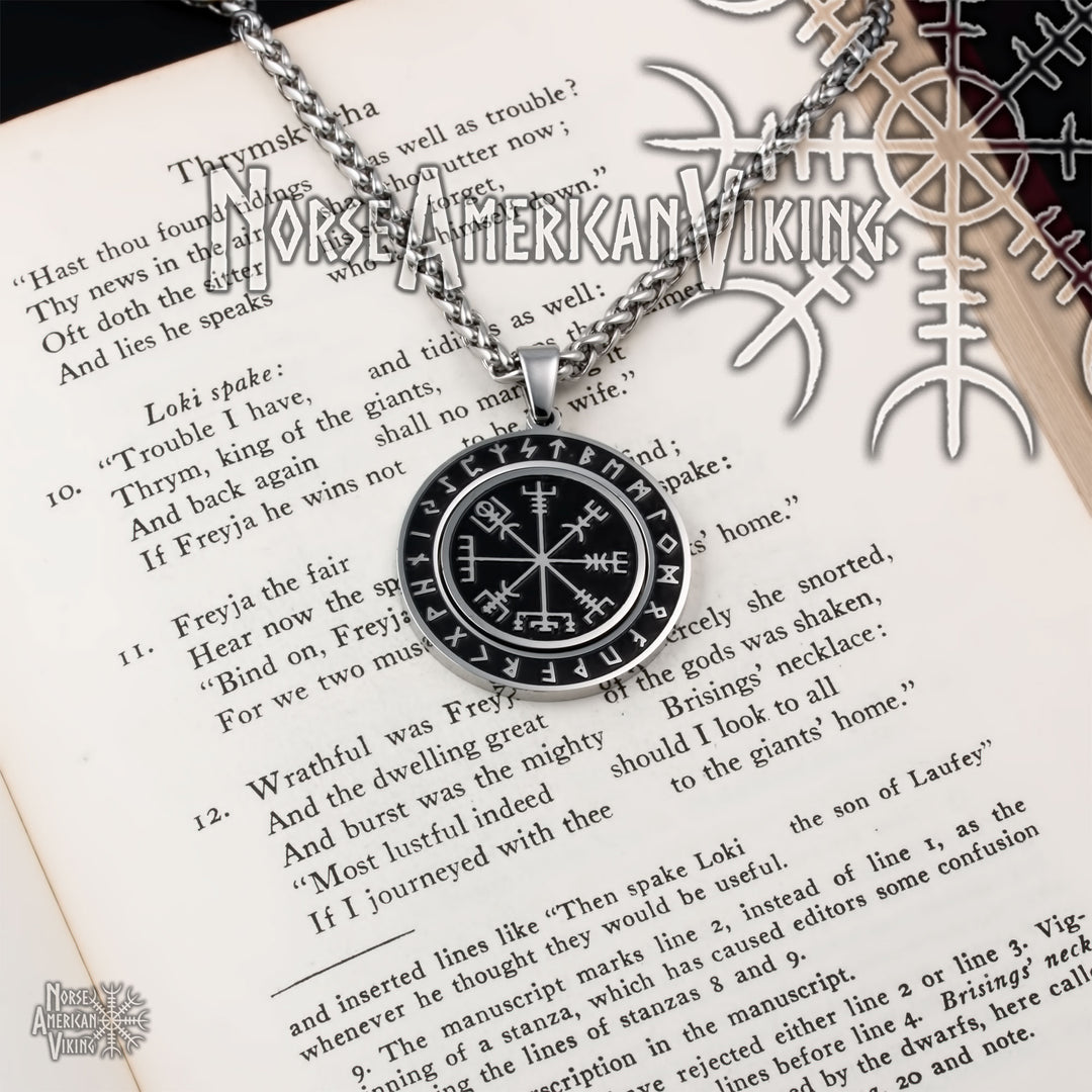 Viking Vegvisir Elder Futhark Rune Spinner Stainless Steel Pendant Necklace