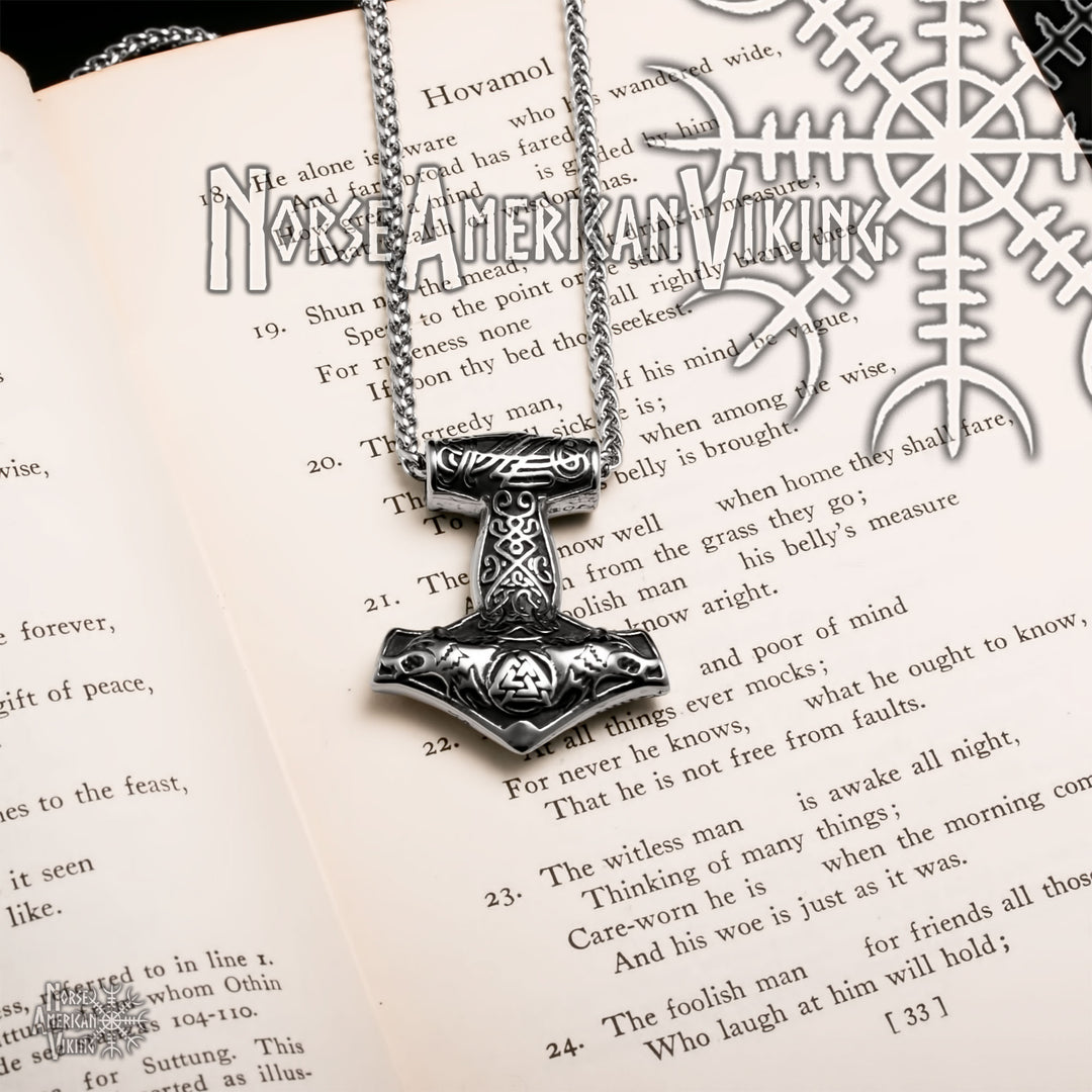 Viking Mjolnir Thor's Hammer Wolf Valknut Stainless Steel Pendant Necklace