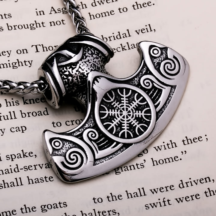 Helm of Awe Axe Pendant Necklace 316L Stainless Steel Norse Viking