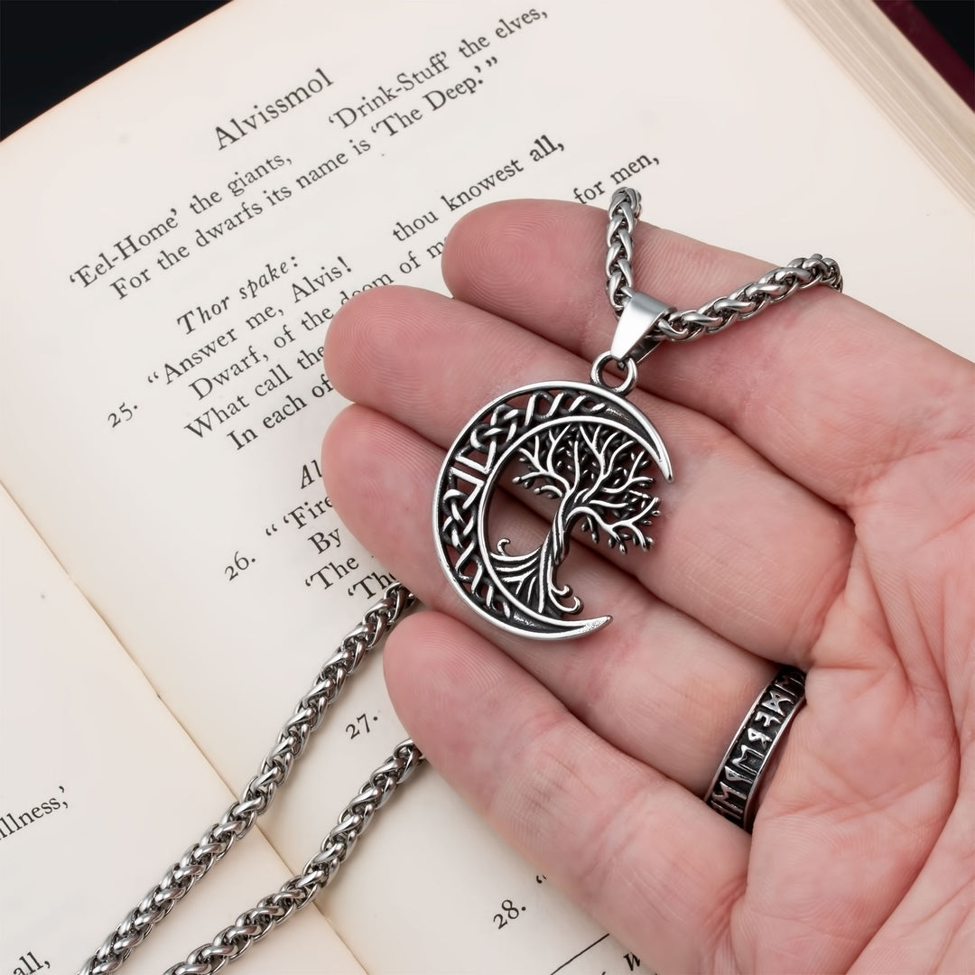 Yggdrasil World Ash Tree Moon Pendant Necklace Stainless Steel Viking