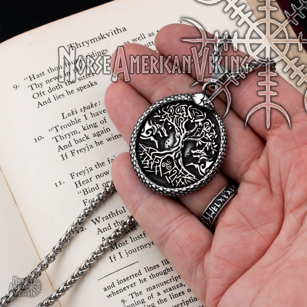 Viking Yggdrasil World Ash Tree Wolf Pentagram Stainless Steel Pendant Necklace