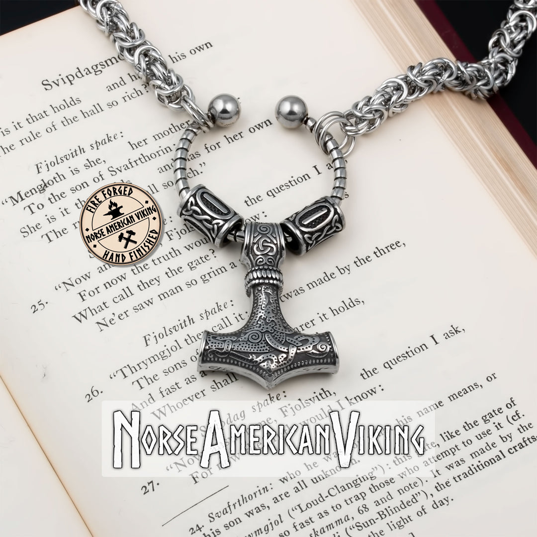 Viking Mjolnir Thor's Hammer King Rune Byzantine Necklace 316L Stainless Steel