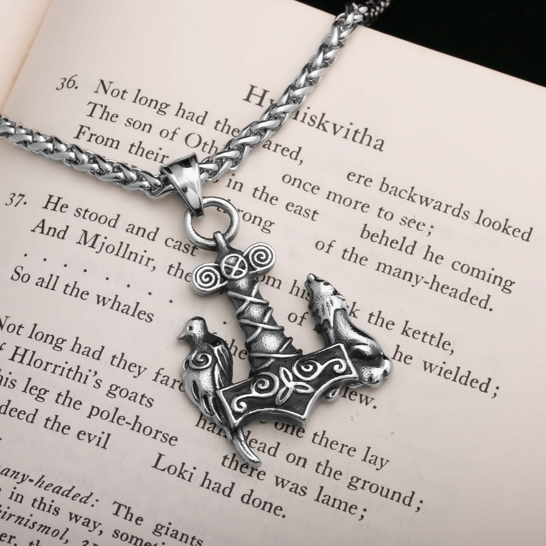 Mjolnir Wolf Raven Viking Pendant Necklace 316L Stainless Steel - view 2