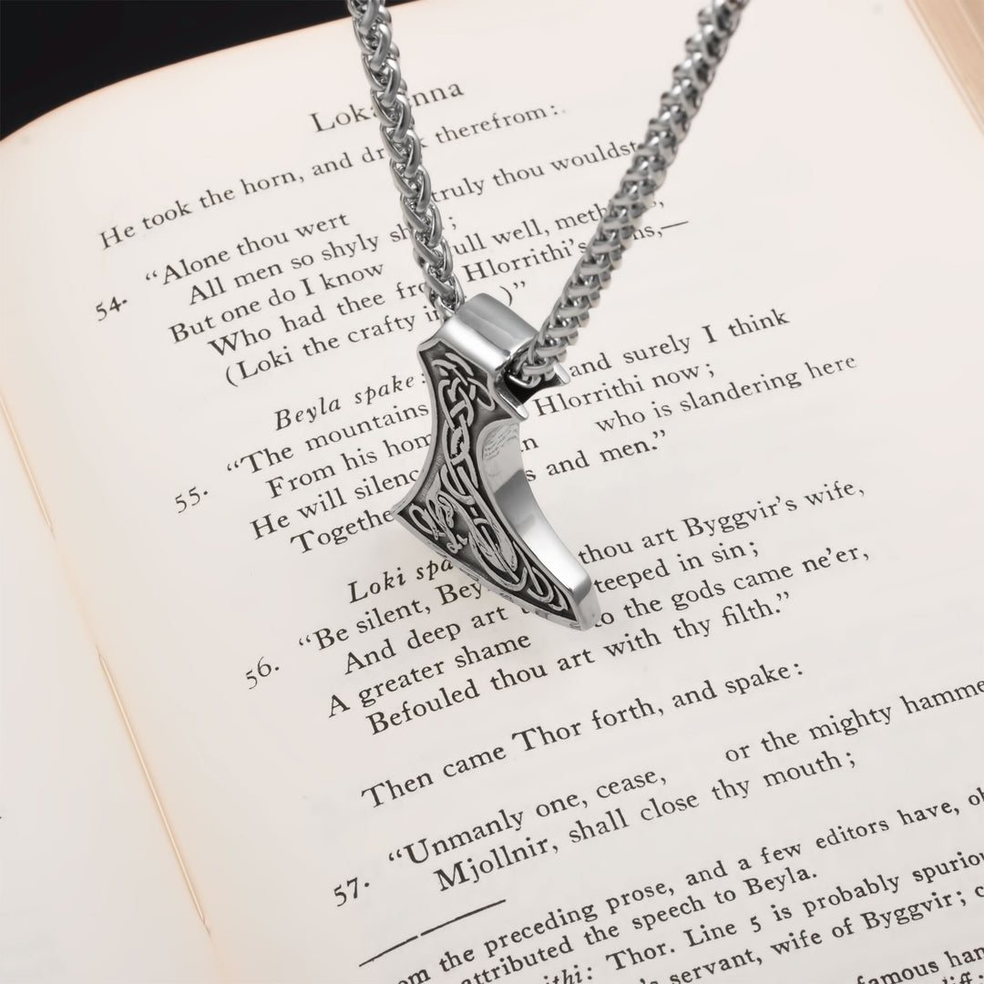Axe Norse Dragon Pendant Necklace Stainless Steel Viking