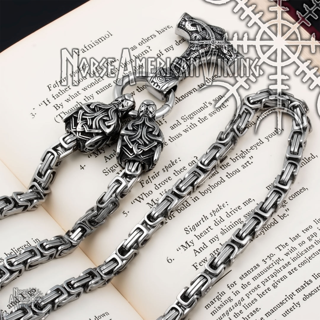 Viking Mjolnir Thor's Hammer King Wolf Byzantine Necklace 316L Stainless Steel