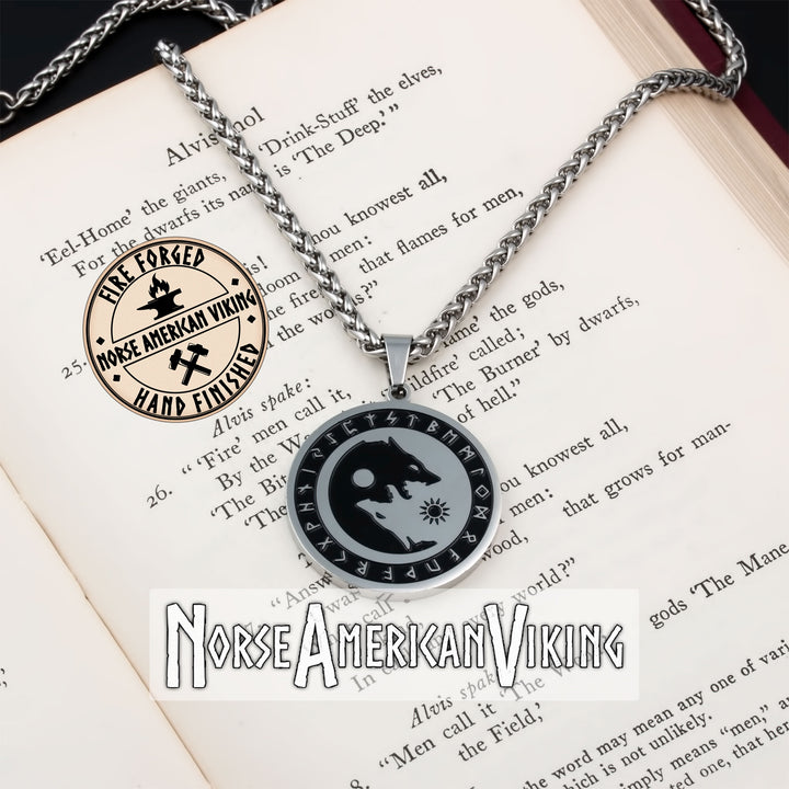 Viking Wolf Rune Sun and Moon Stainless Steel Pendant Necklace