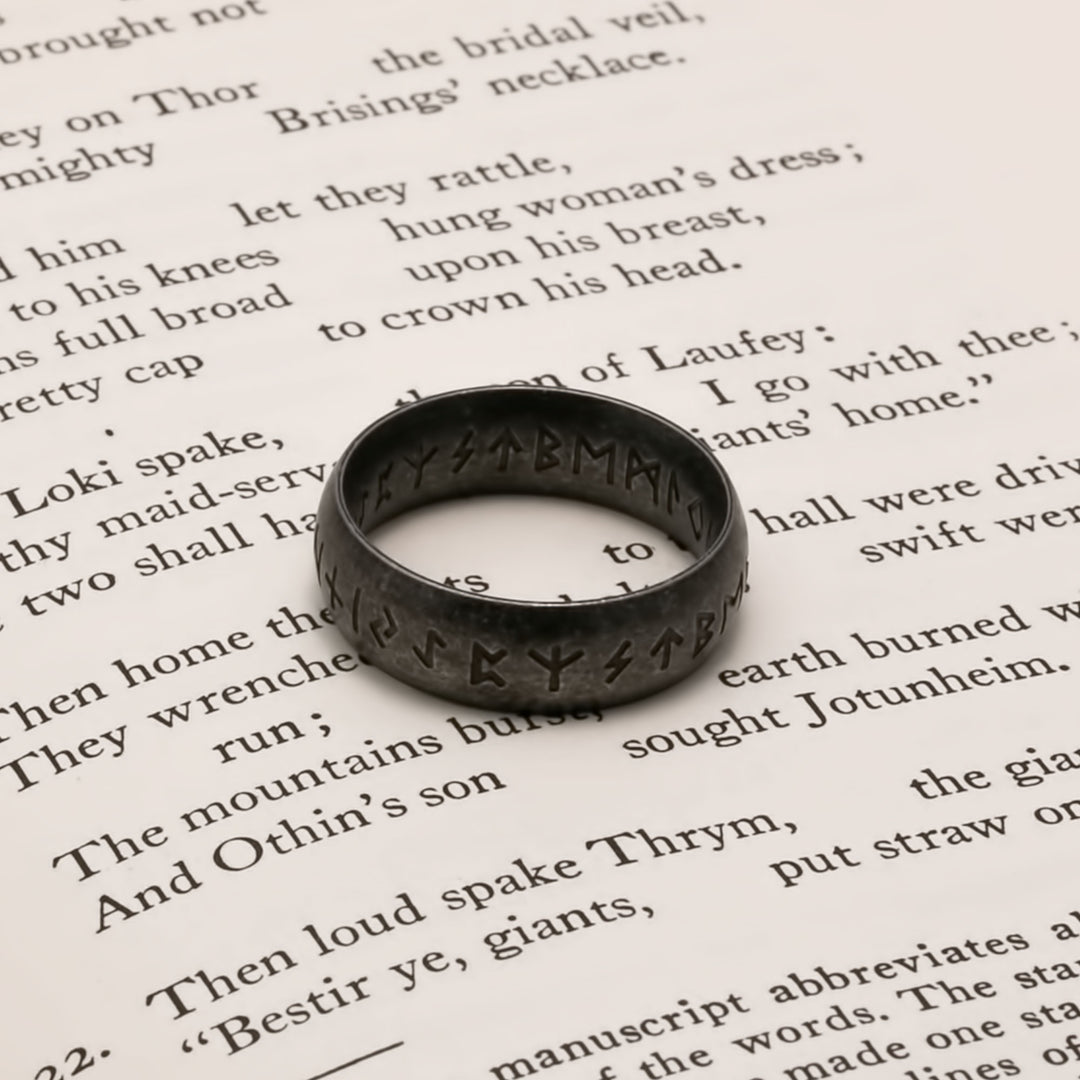 Viking Elder Futhark Rune Ring 7mm Band Ancient Dark 316L Stainless Steel